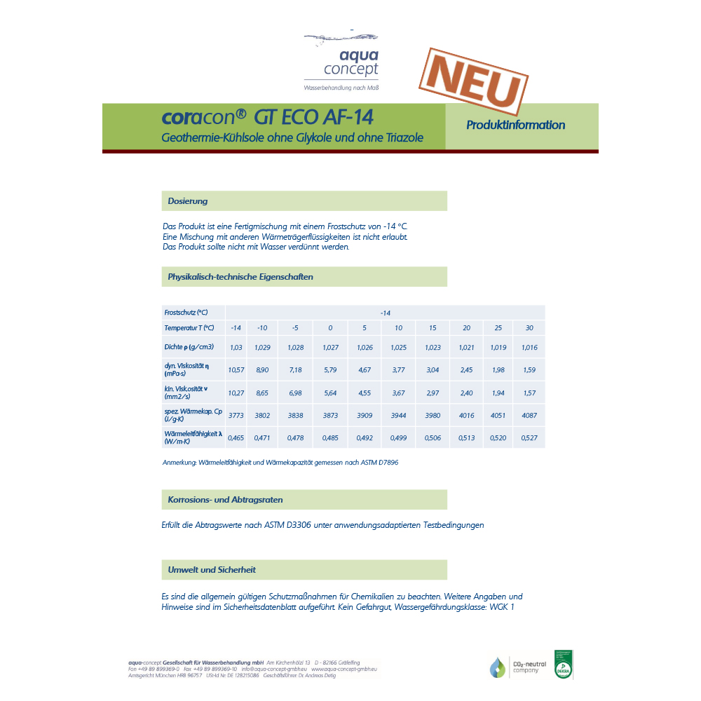 20 Liter Wärmeträgerfluid für Wärmepumpen Coracon® GT ECO AF-14 Nahwärmenetze Geothermieanlagen