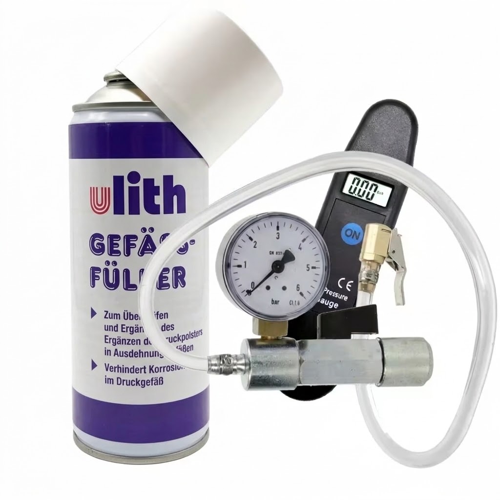 MAG Gefäßfüller 400 ml inkl. Adapter mit Manometer 6 bar und digitalem Vordruckprüfer – für Membran-Ausdehnungsgefäße