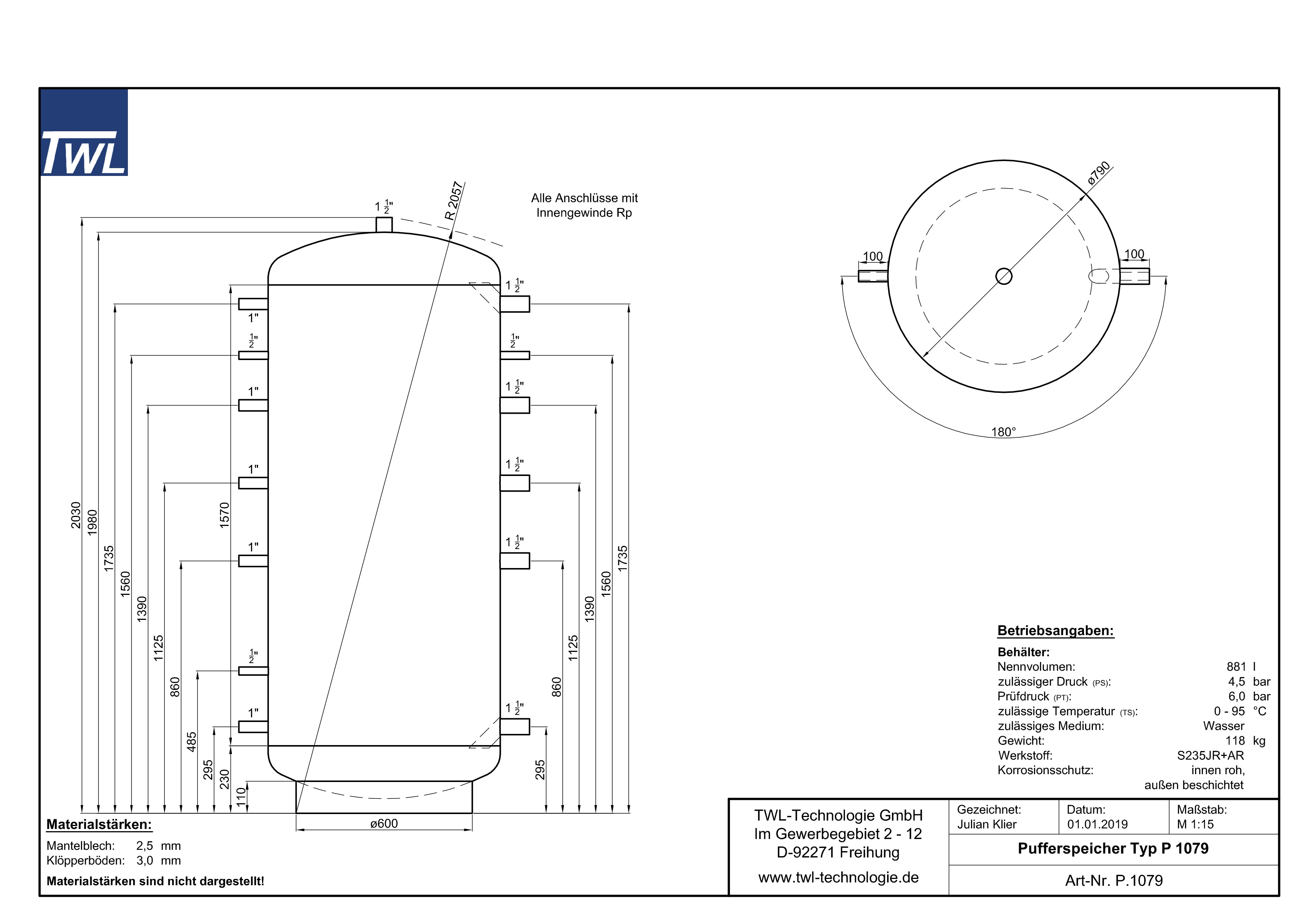 TWL Pufferspeicher P 1000 Liter - ÖkoLine-C Isolierung - Ø 79cm