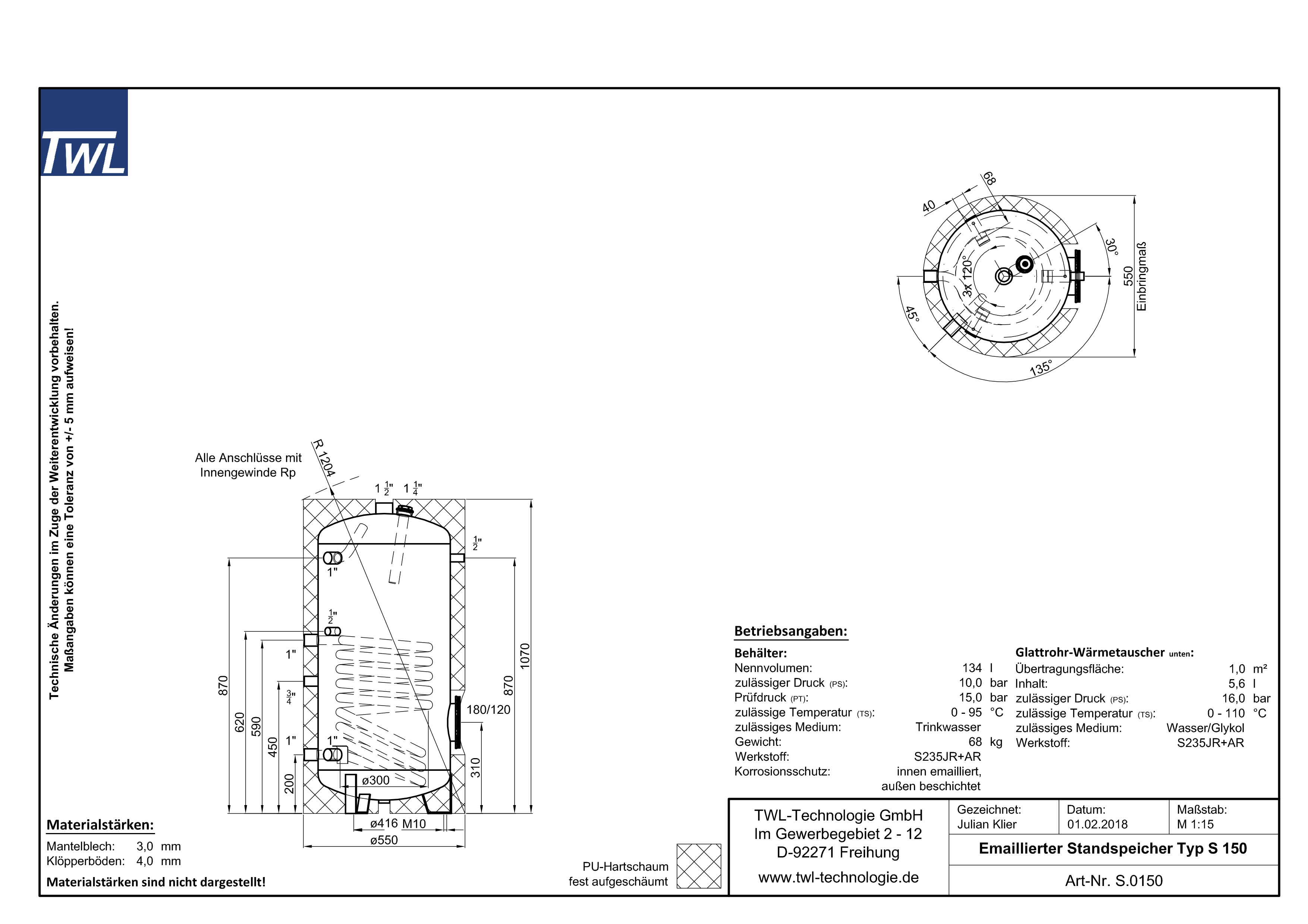 S-0150-datenblatt TWL Emaillierter Standspeicher 1x Wärmetauscher 150 Liter EEK-B Warmwasserspeicher