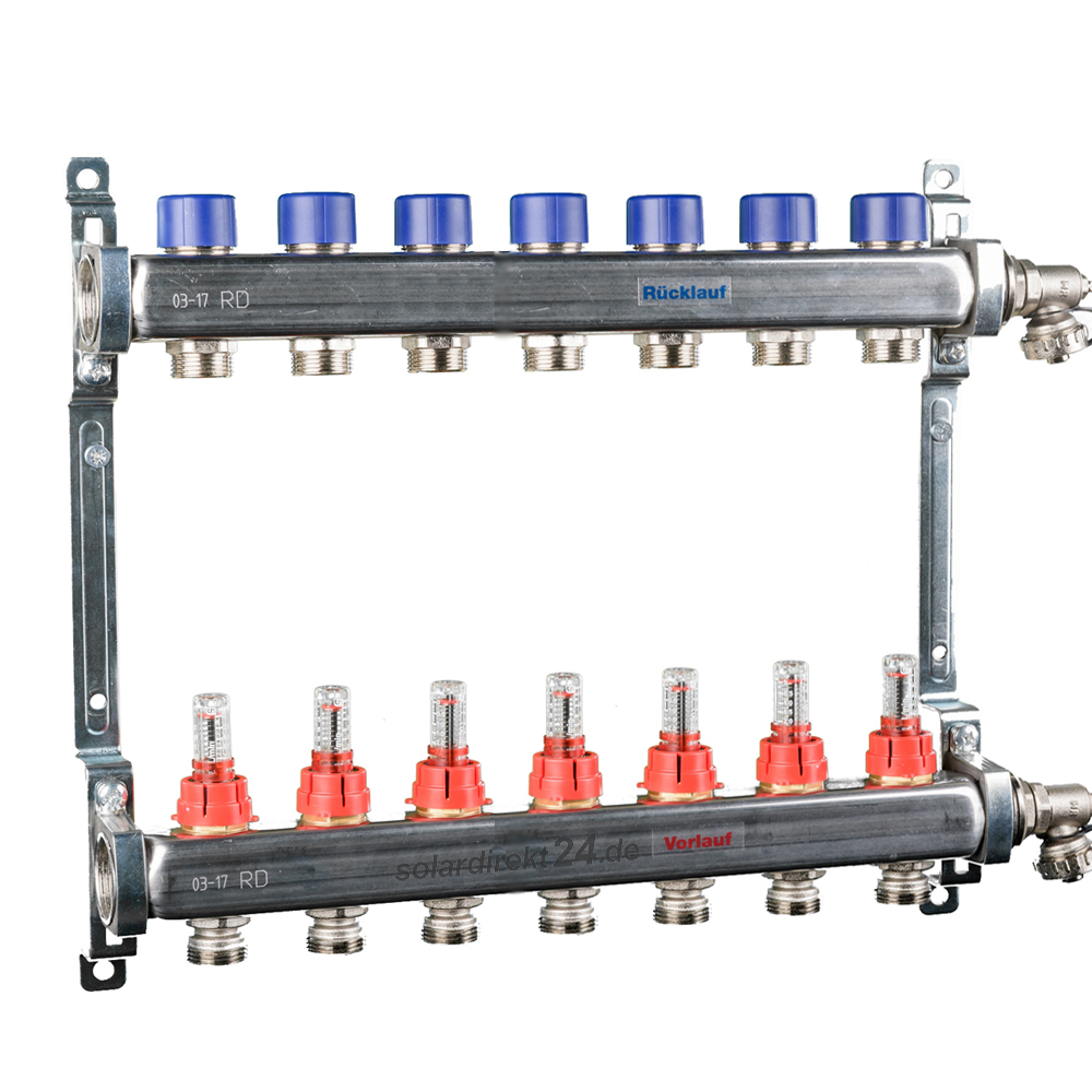 Heizkreisverteiler 7 Abgänge Edelstahl Durchflussmesser Fussbodenheizung