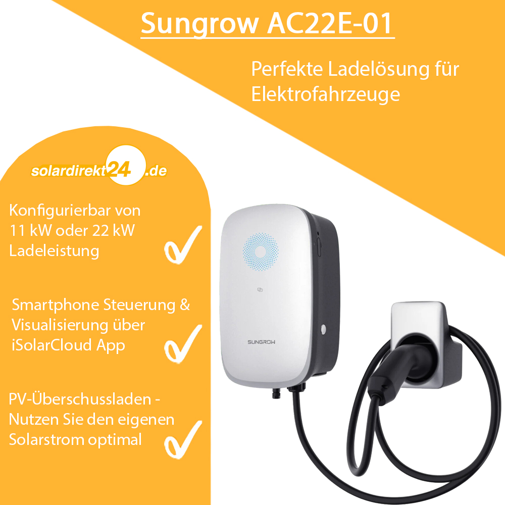 Sungrow AC22E-01 Wallbox 22 kW mit 7 m Typ-2 Kabel – WLAN, LAN, RFID, PV-Überschussladen, IP65, 11/22 kW einstellbar