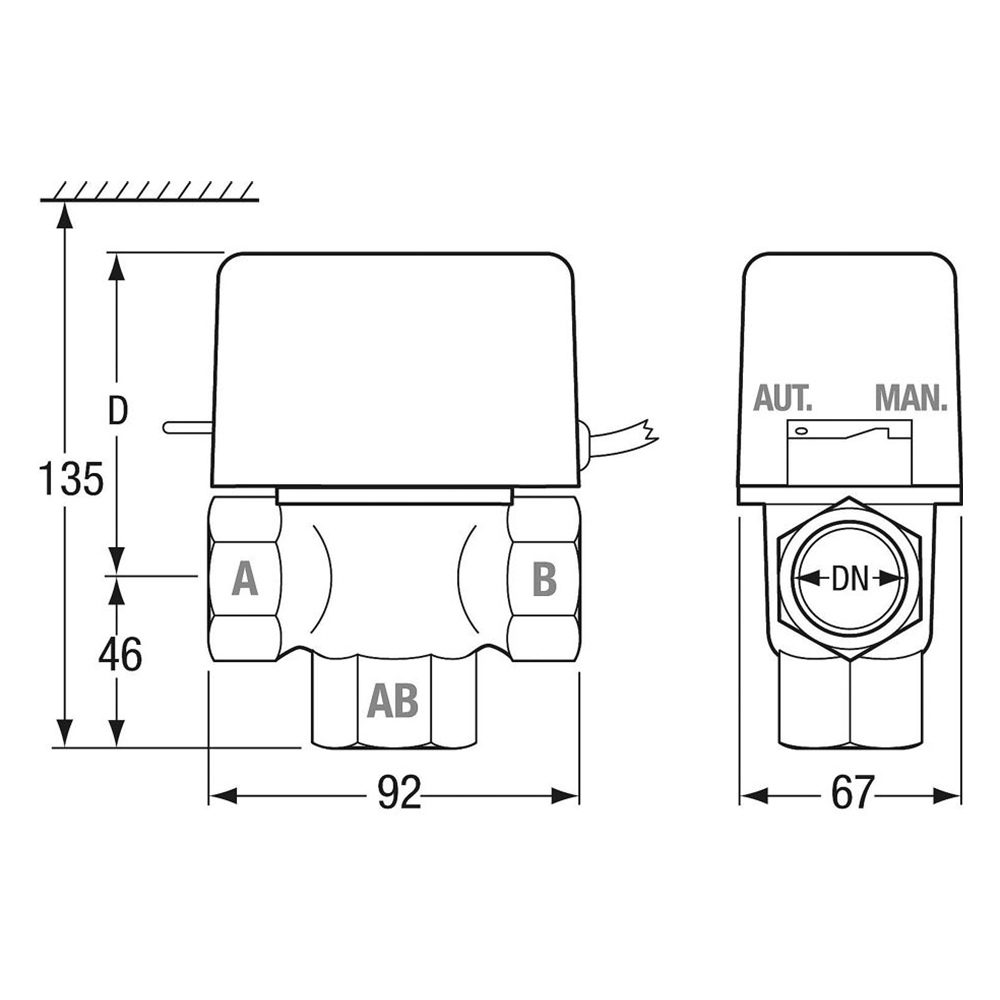 Drei-Wege-Zonenventil Solar DN20 (3/4") oder DN25 (1") mit Endschalter, Servomotor 230 V, Messinggehäuse, Handbetätigung, für Heizungs- und Solaranlagen