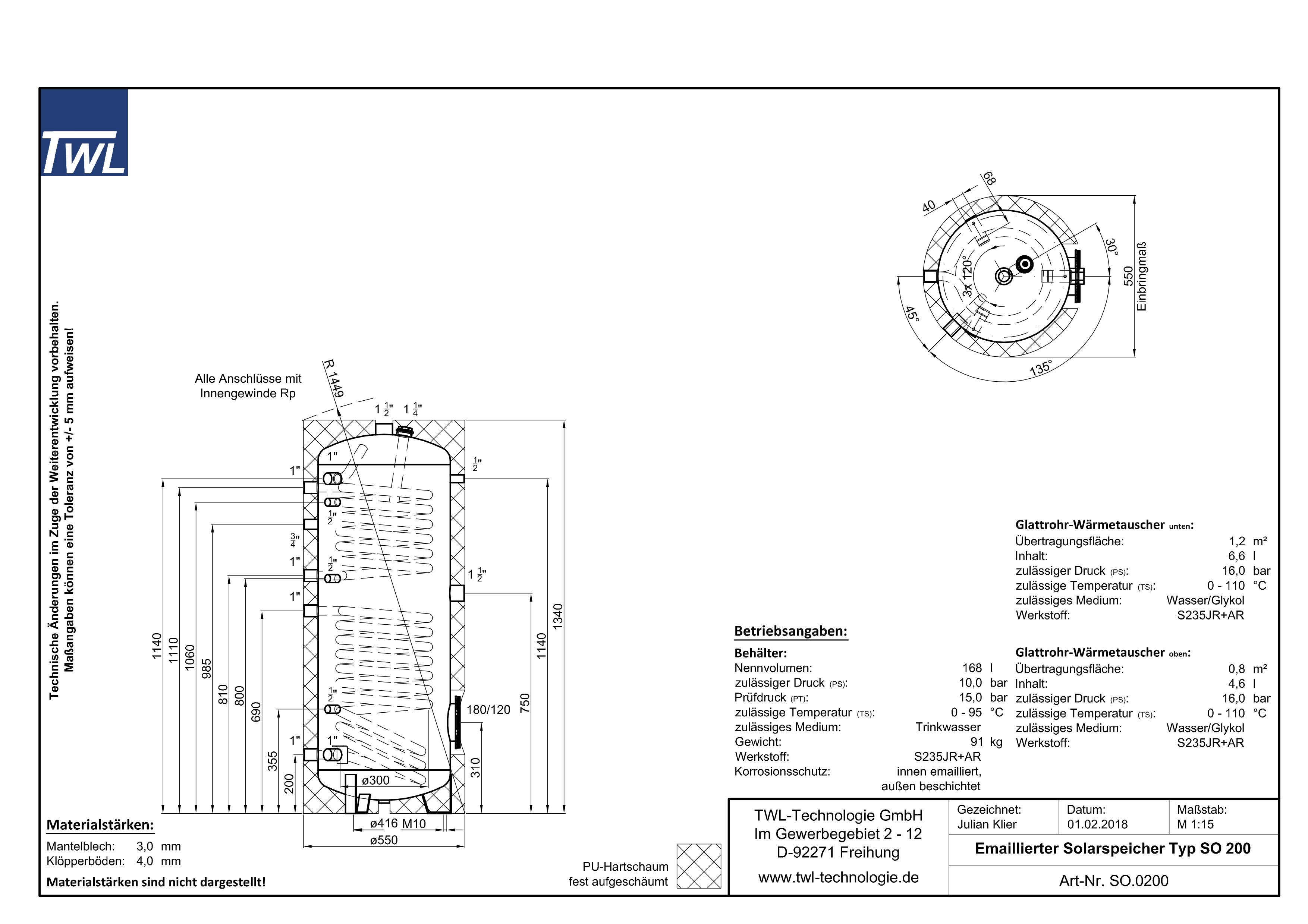 TWL Brauchwasserspeicher 2x Wärmetauscher 200 Liter Trinkwasserspeicher EEK-B