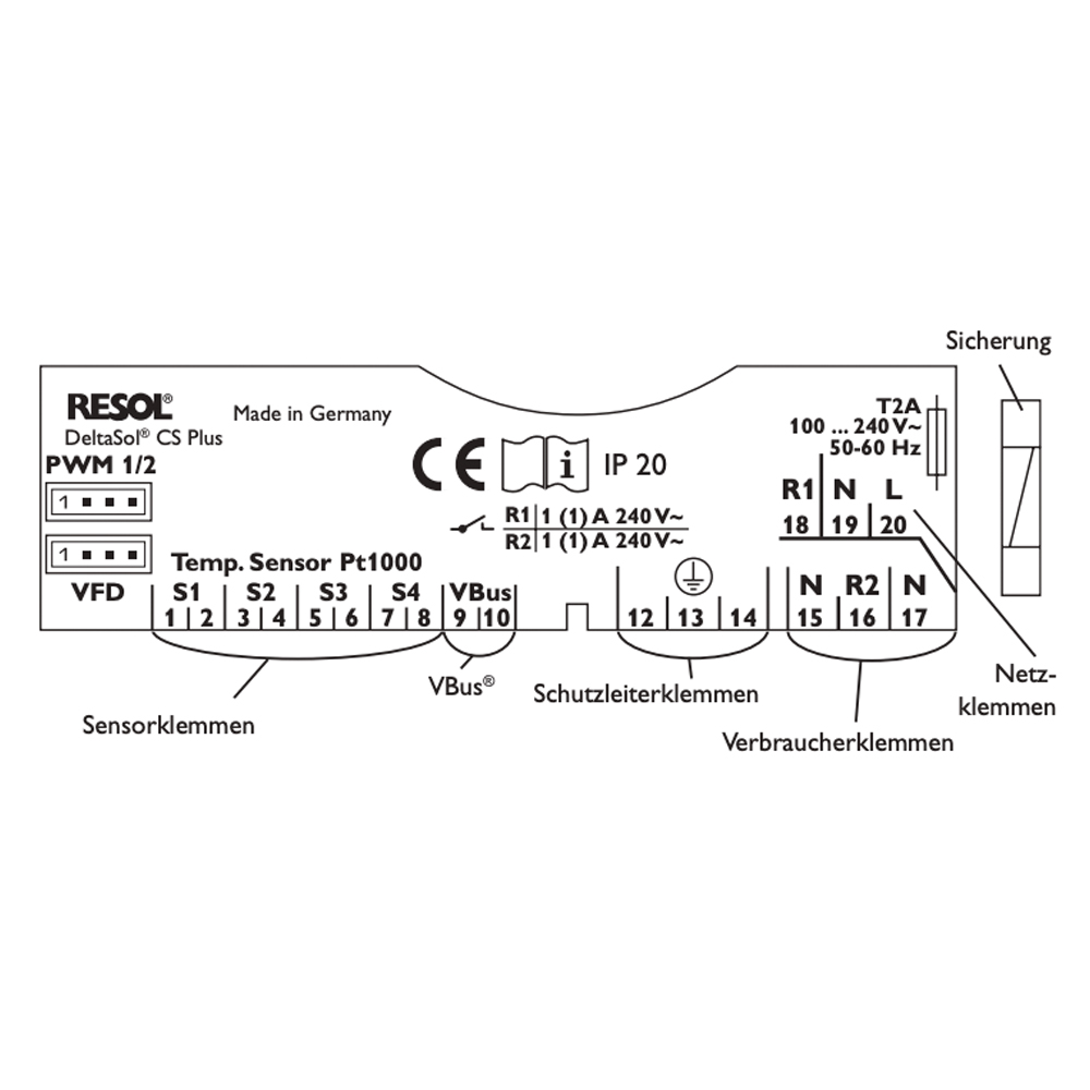 Solarsteuerung Resol DeltaSol CS Plus (inkl. 4 x PT1000 Fühler - 2 x FKP6 - 2 x FRP6) - Komplettpake