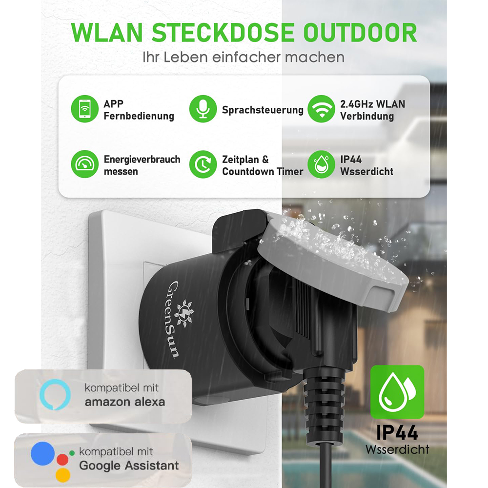 GreenSun WLAN Außensteckdose mit Strommessung – IP44 Wasserdicht – Zeitschaltuhr, App-Steuerung & Sprachsteuerung – Ideal für Balkonkraftwerke