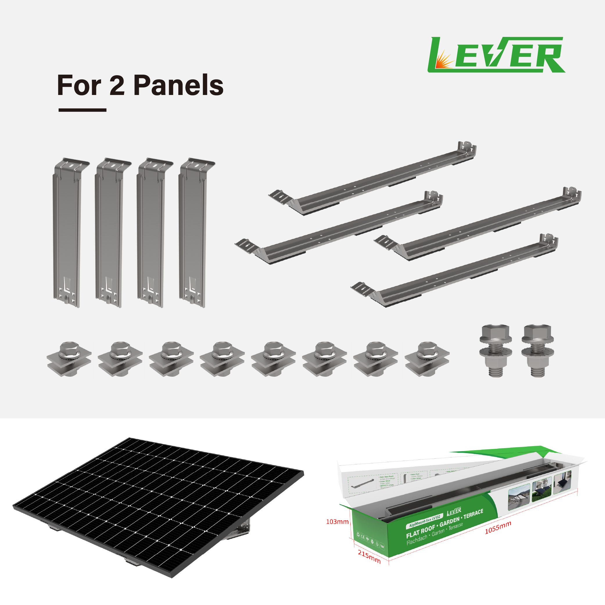 Flachdach PV-Montagesystem 20° für 2 Solarmodule – Photovoltaik Unterkonstruktion Solarhalterung für Dach, Terrasse & Freifläche