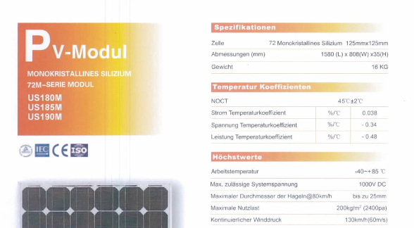 Union Solar US190M – Monokristallines Solarmodul - BWare - NUR Abholung 0% MwSt.