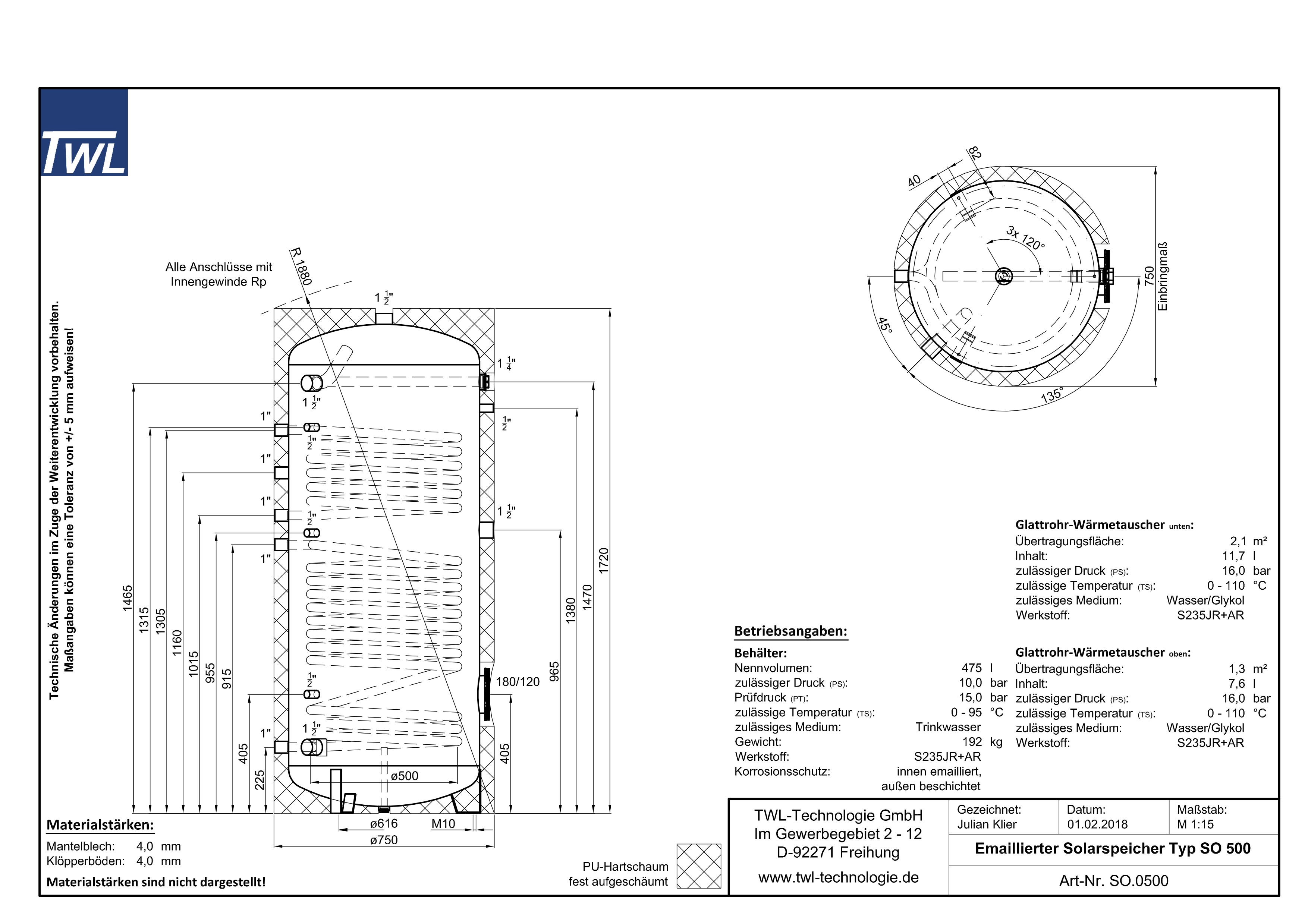 TWL SO.0500 Solarspeicher - Brauchwasserspeicher - 2x Wärmetauscher