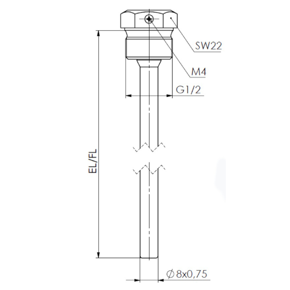 Tauchhülse Tauchrohr 1/2" Messing vernickelt 10cm Einschraub-Tauchhülse