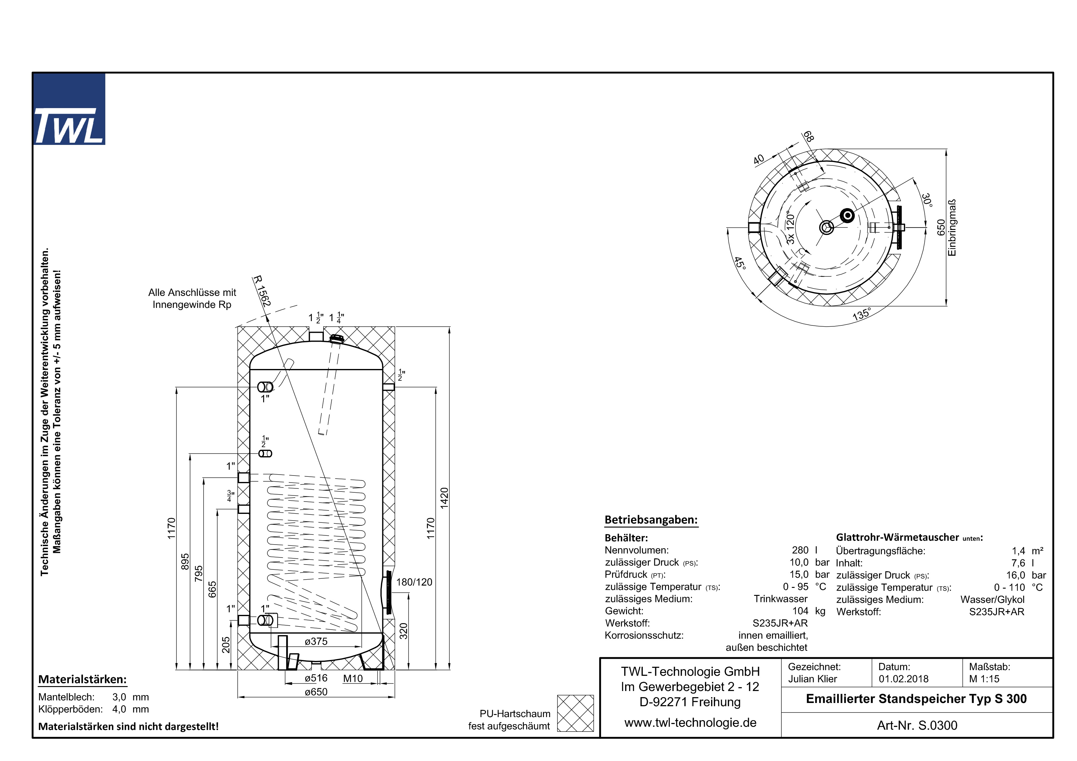 S-0300-datenblatt TWL Emaillierter Standspeicher 1x Wärmetauscher 300 Liter EEK-B Warmwasserspeicher