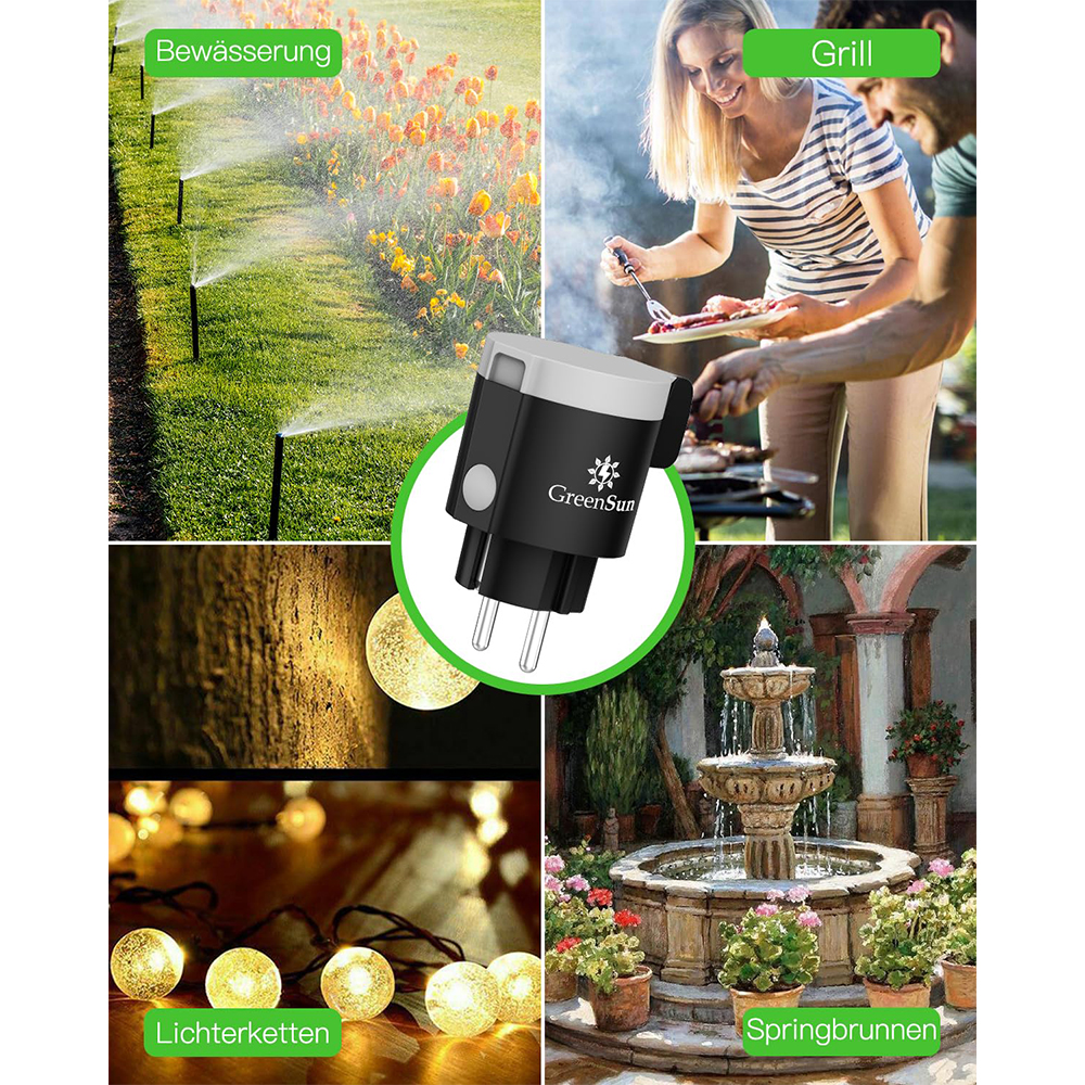 GreenSun WLAN Außensteckdose mit Strommessung – IP44 Wasserdicht – Zeitschaltuhr, App-Steuerung & Sprachsteuerung – Ideal für Balkonkraftwerke