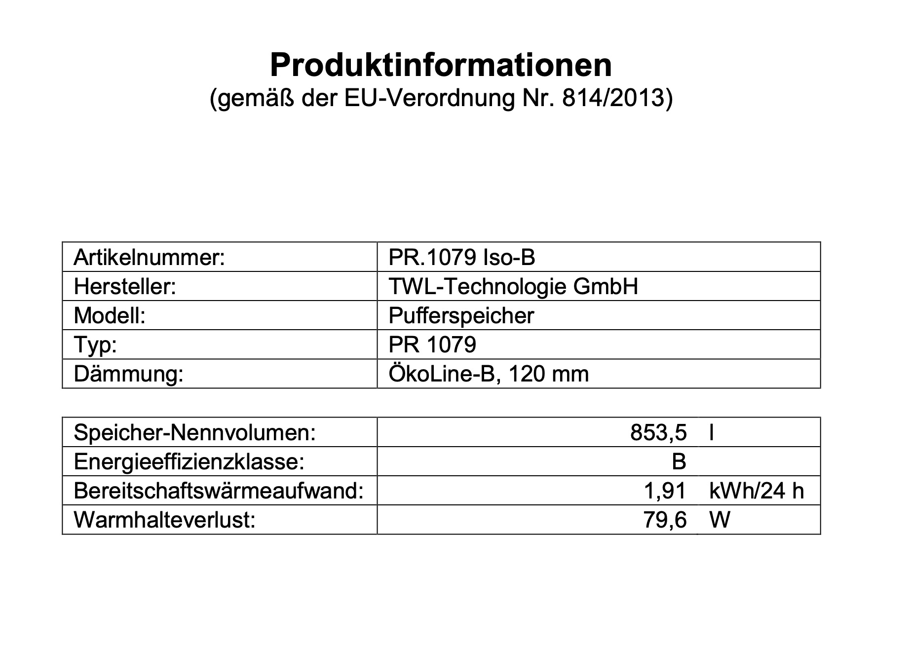 TWL Pufferspeicher PR 1000 Liter - ÖkoLine-B Isolierung - Ø 79cm