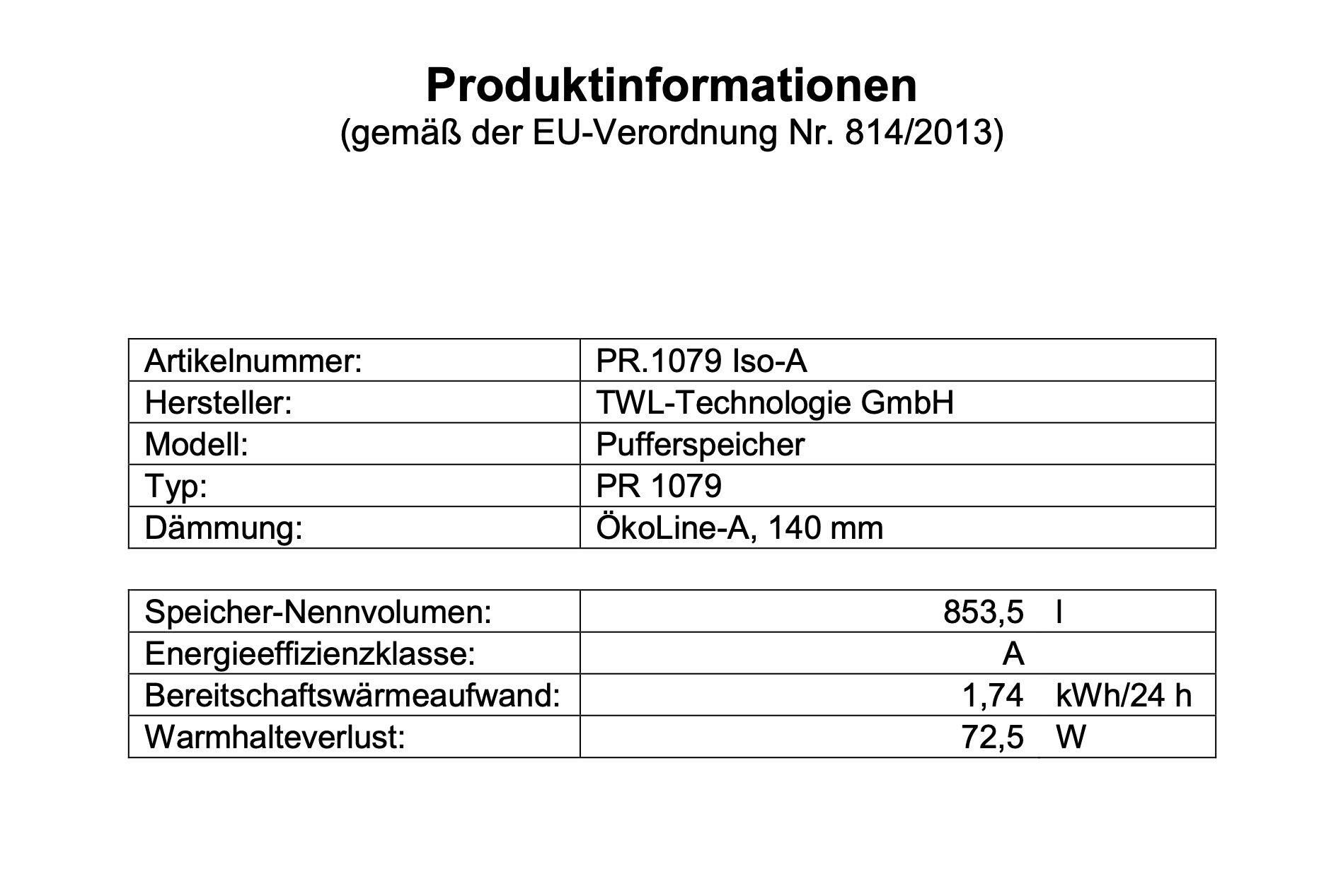 TWL Pufferspeicher PR 1000 Liter - ÖkoLine-A Isolierung - Ø 79cm