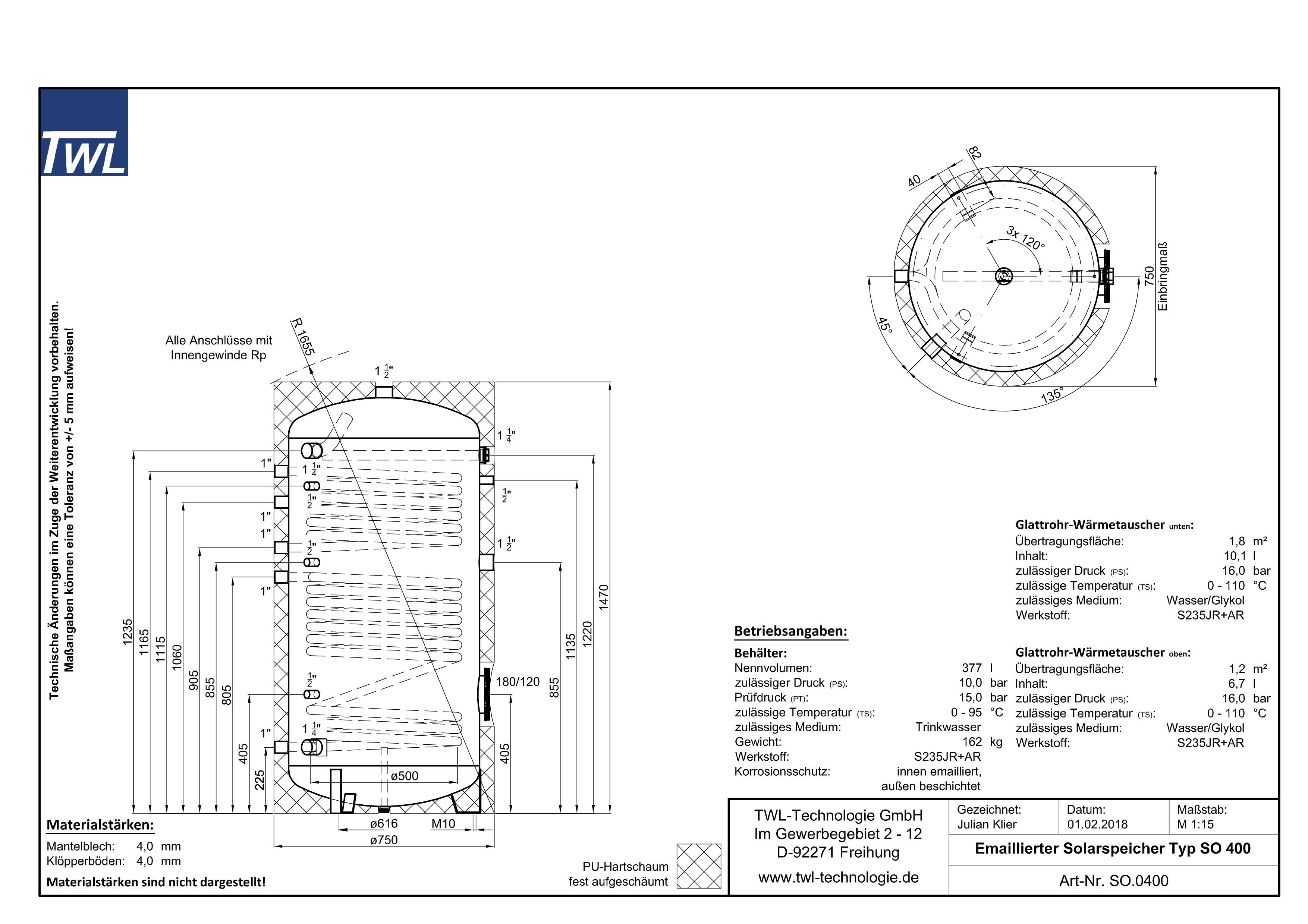 TWL SO.0400 Solarspeicher - Brauchwasserspeicher - 2x Wärmetauscher