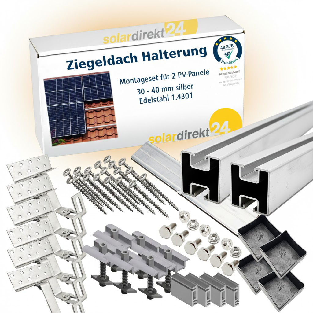 Solar Halterung Ziegeldach I Set für 2 PV Module 30mm I Solarmodul Halterung Balkonkraftwerk I Solarmodulbefestigungsset für Ziegeldächer