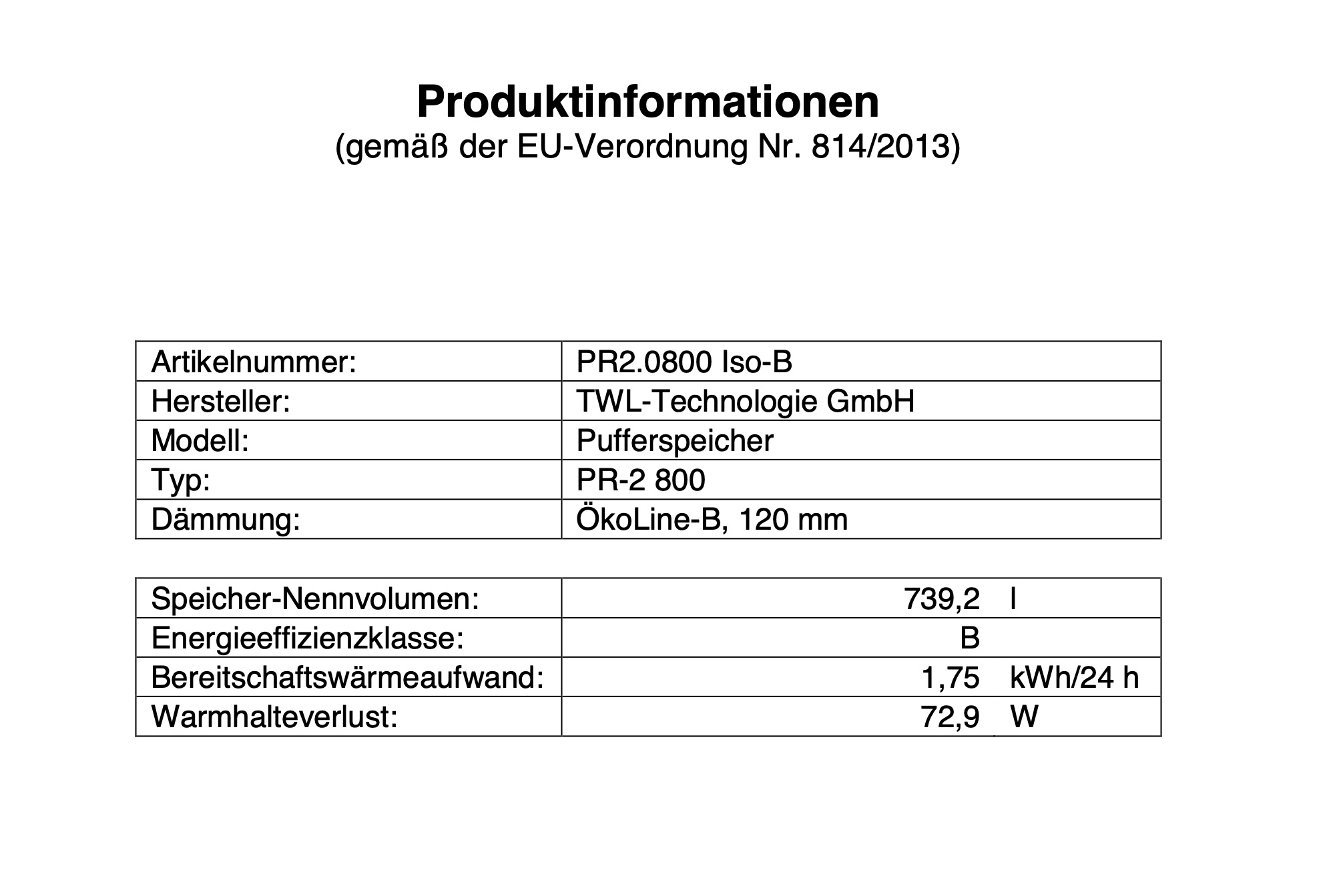 TWL Pufferspeicher PR2 800 Liter - ÖkoLine-B Isolierung