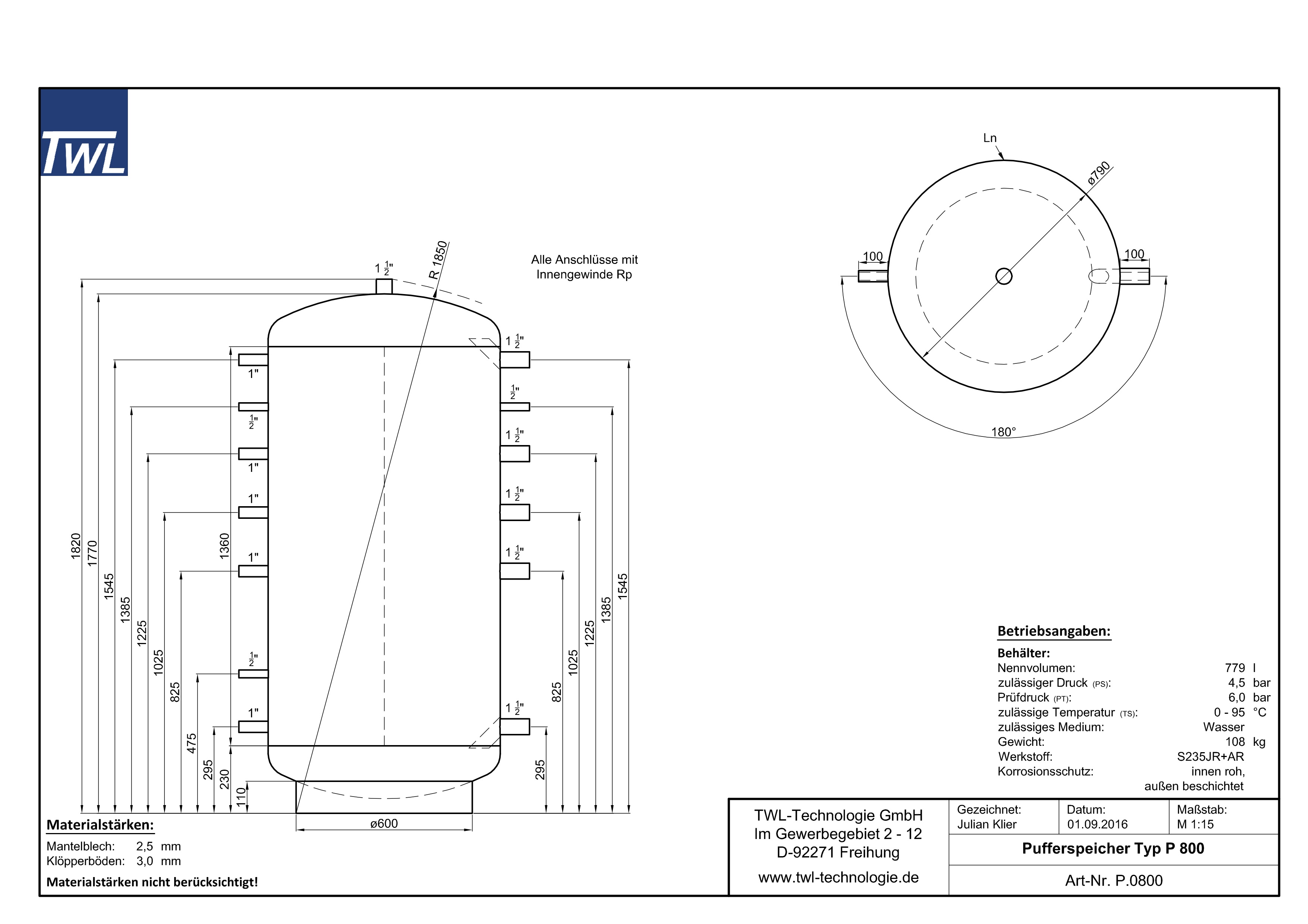 P-0800-Datenblatt TWL Pufferspeicher P 800 Liter - ÖkoLine-A Isolierung