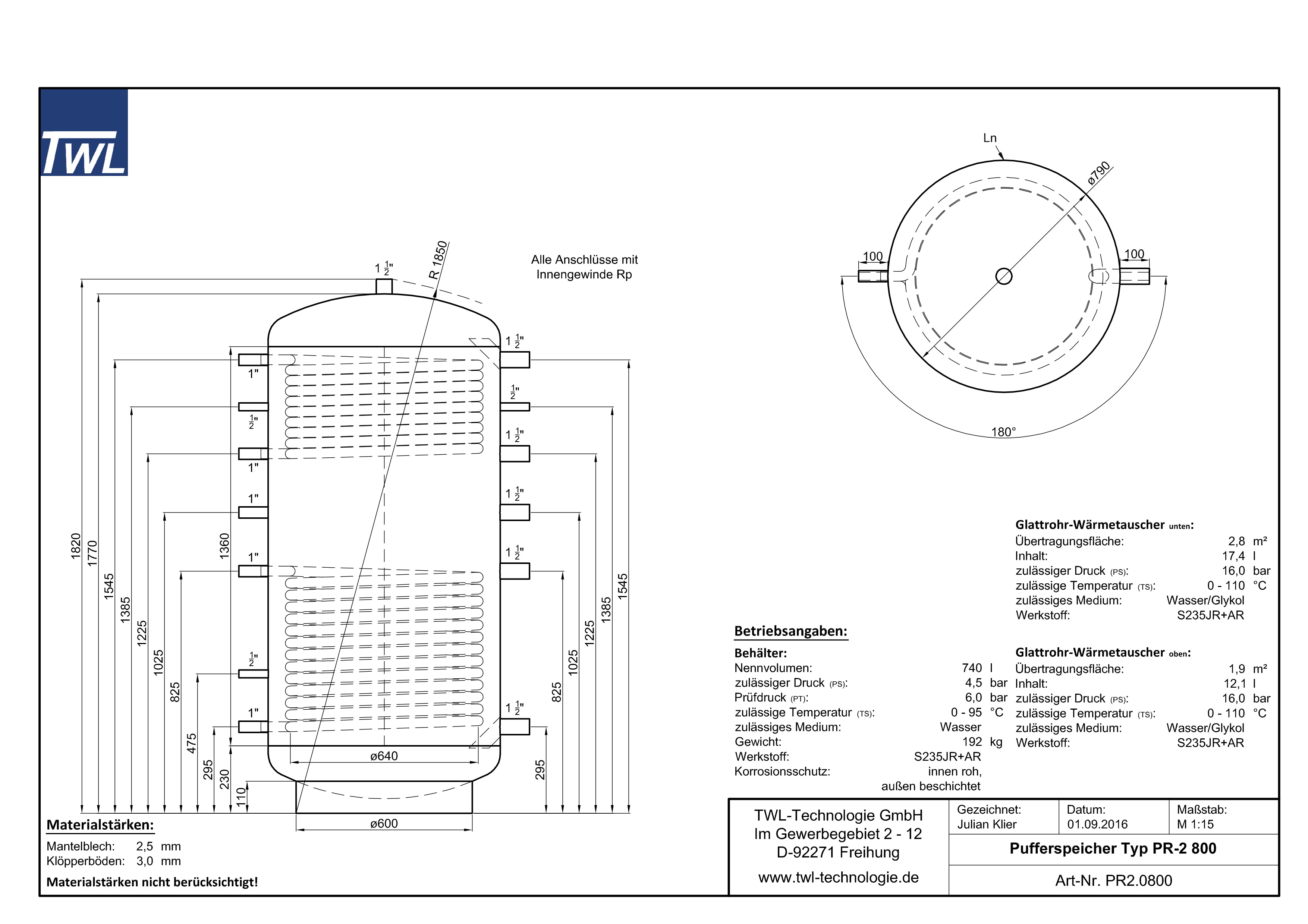 TWL Pufferspeicher PR2 800 Liter - ÖkoLine-A Isolierung