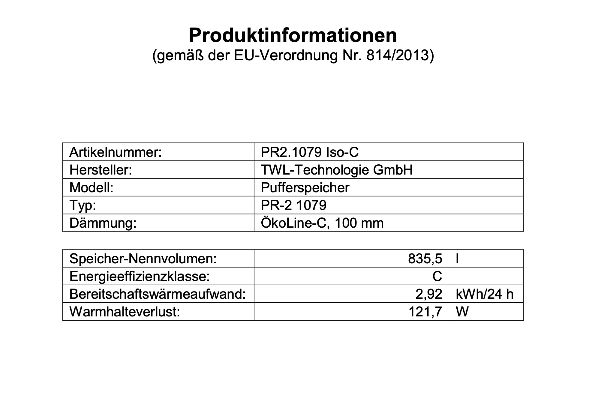 TWL Pufferspeicher PR2 1000 Liter - ÖkoLine-C Isolierung - Ø 79cm