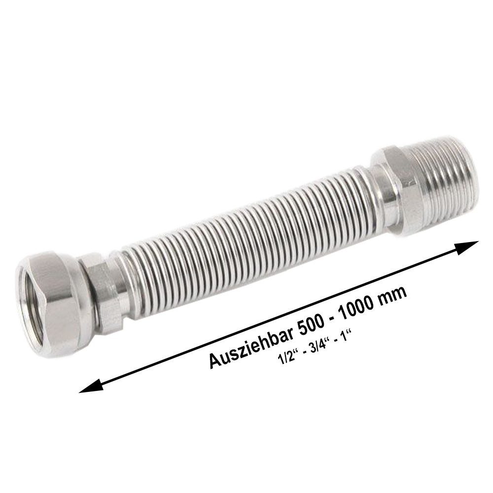 0611500-v Edelstahl Wellrohr Solarrohr ausziehbar IG/AG 500-1000 mm 1/2" 3/4" 1"