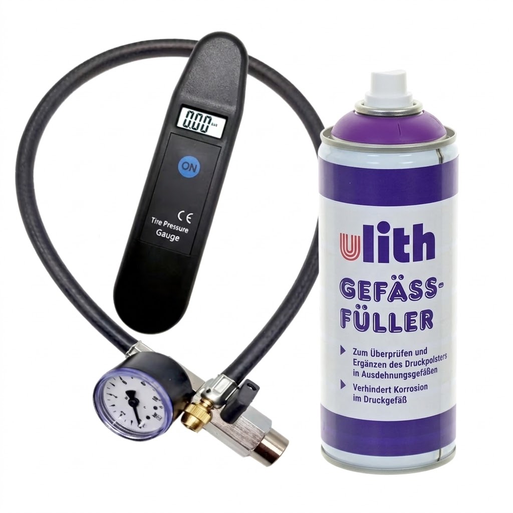 MAG Gefäßfüller 400 ml inkl. Adapter mit Manometer und digitalem Vordruckprüfer – für Membran-Ausdehnungsgefäße, 60 cm Schlauch