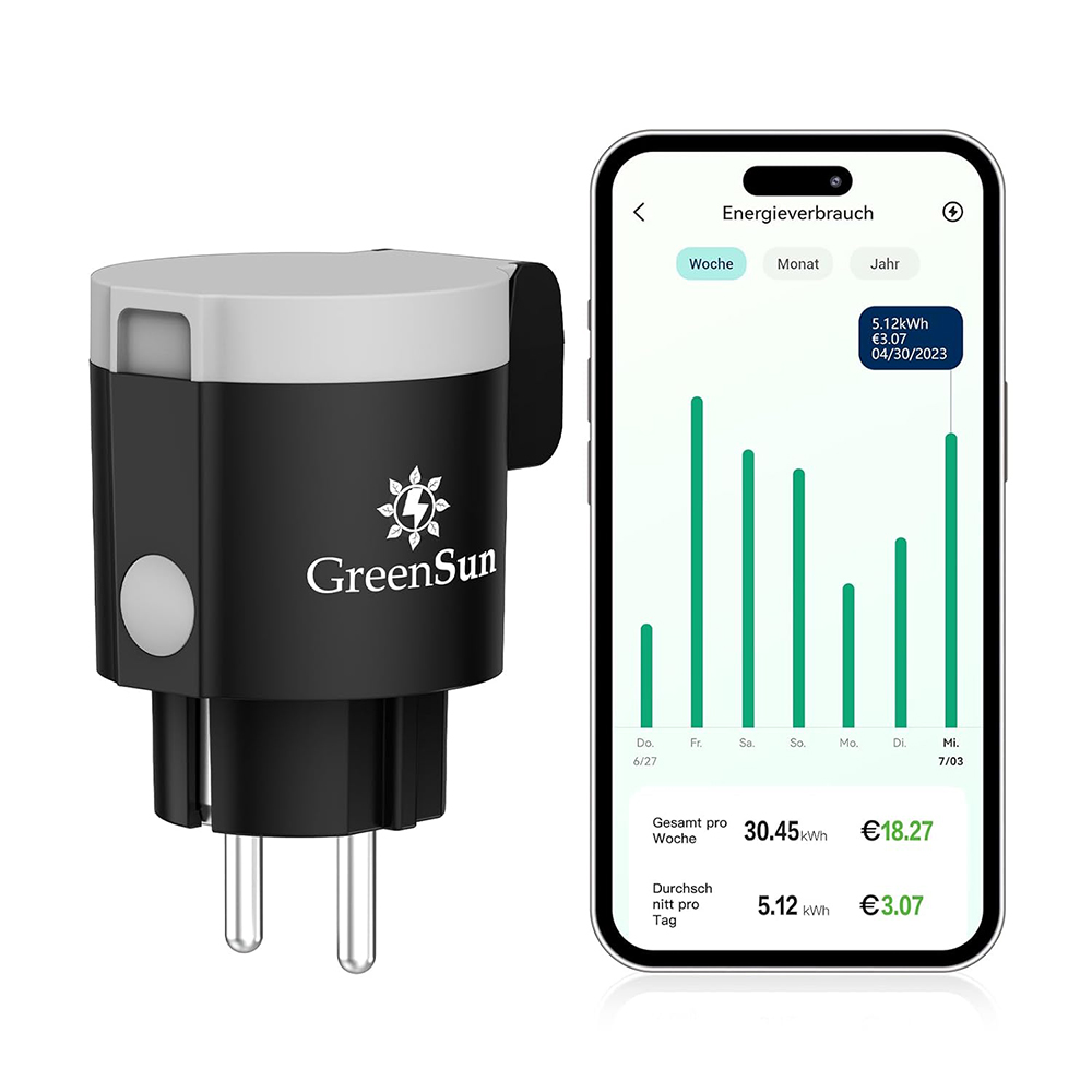 GreenSun WLAN Außensteckdose mit Strommessung – IP44 Wasserdicht – Zeitschaltuhr, App-Steuerung & Sprachsteuerung – Ideal für Balkonkraftwerke