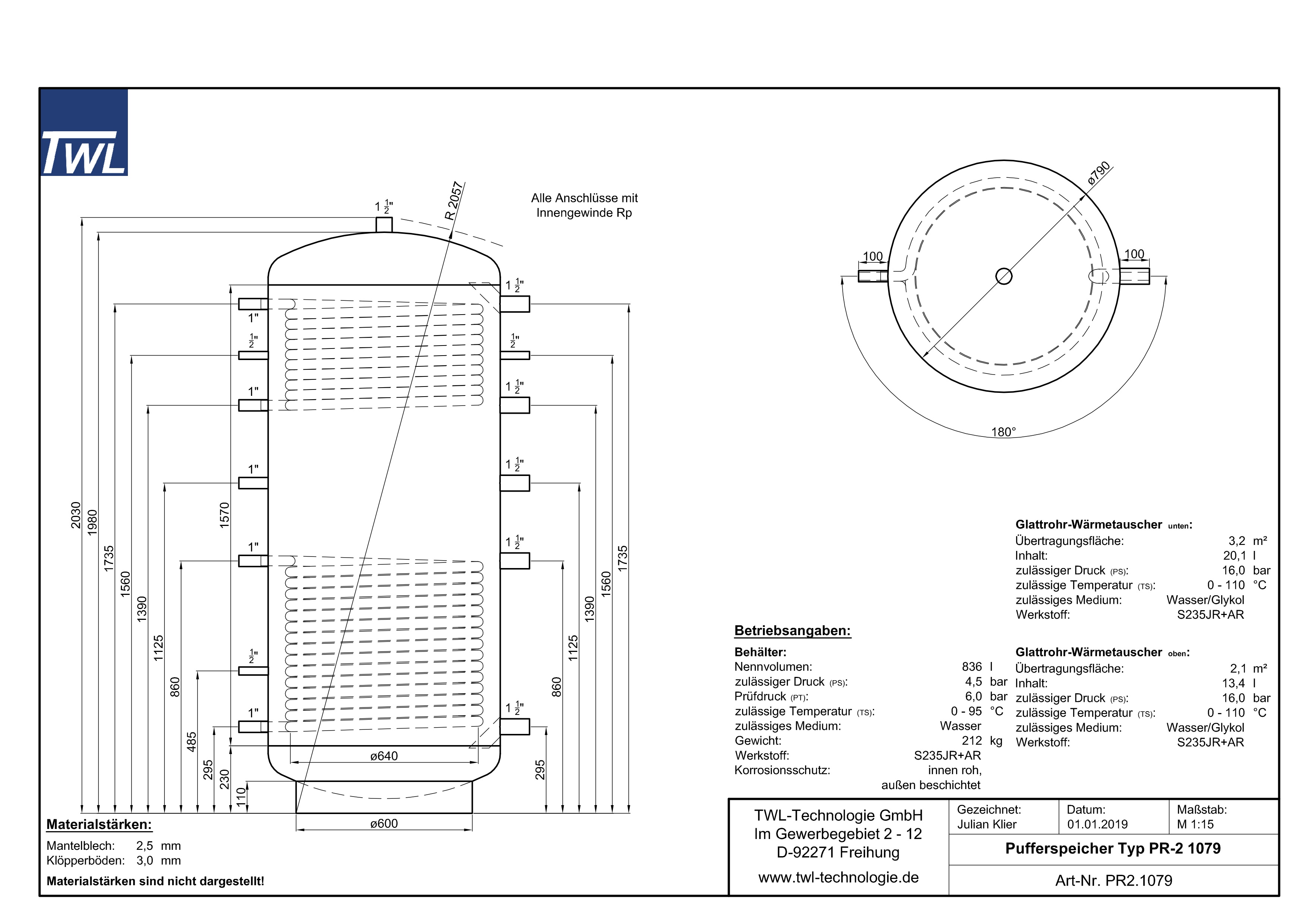 TWL Pufferspeicher PR2 1000 Liter - ÖkoLine-B Isolierung - Ø 79cm