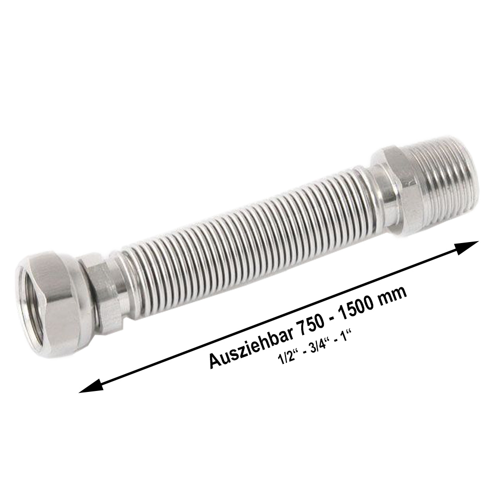 0611501-v Edelstahl Wellrohr Solarrohr ausziehbar IG/AG 750-1500 mm 1/2" 3/4" 1"