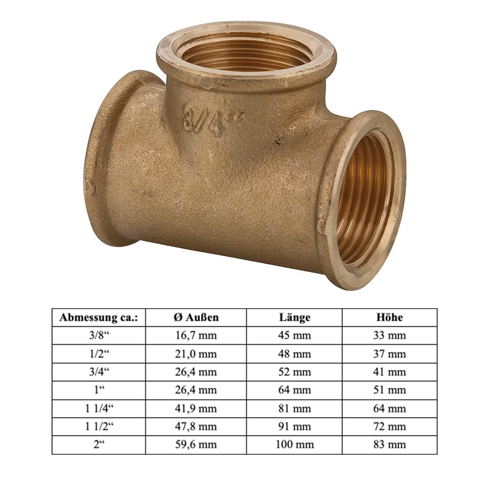 Messing T-Stück 3/8" bis 2" Innengewinde Fitting DN10 bis DN50