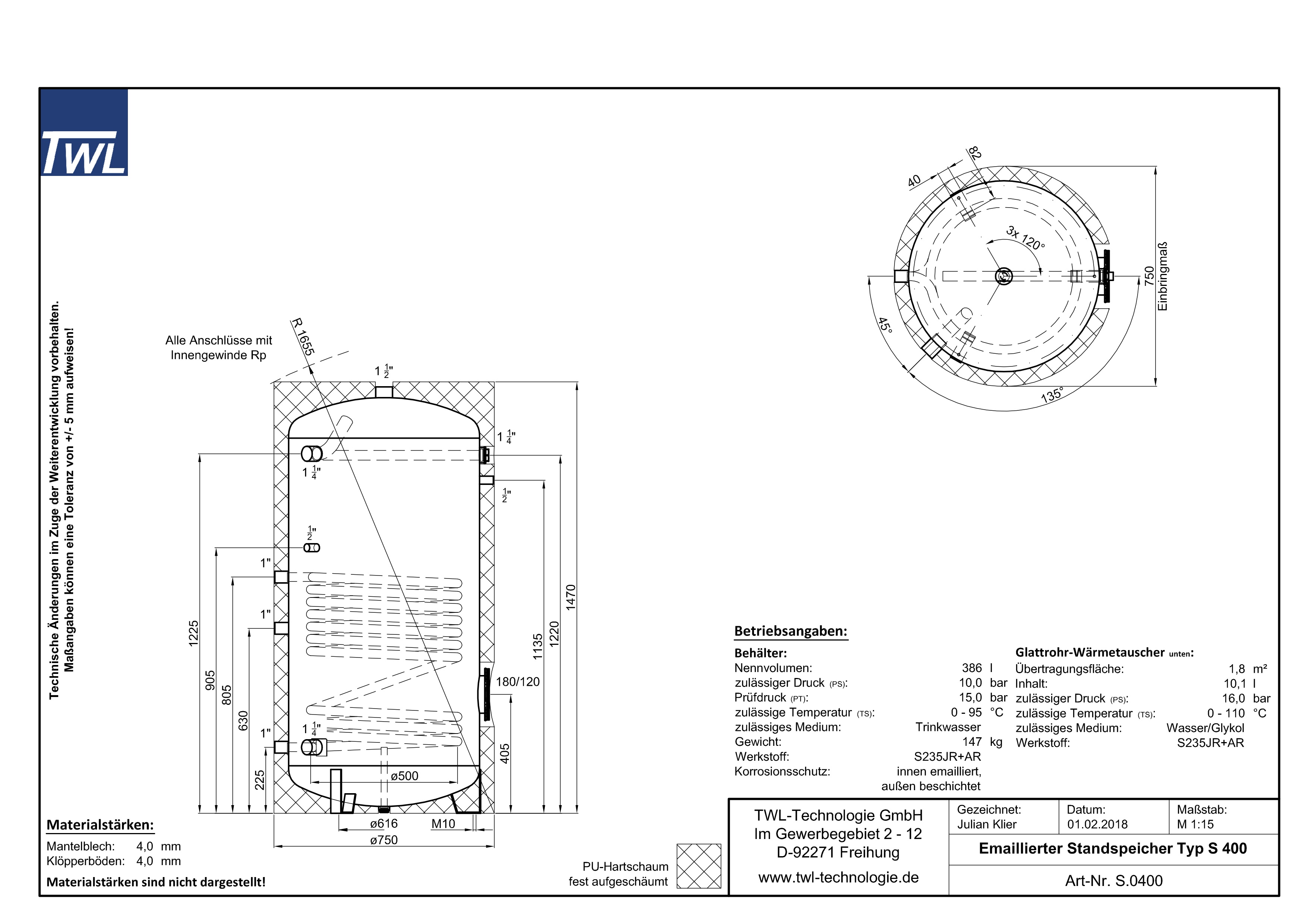 TWL Emaillierter Standspeicher 1x Wärmetauscher 400 Liter EEK-C Warmwasserspeicher