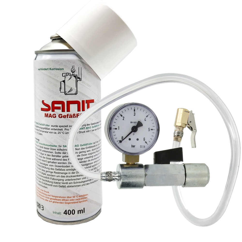 MAG Gefäßfüller 400 ml mit Korrosionschutz inkl. Druckflaschen Adapter 6 bar für Ausdehnungsgefäße MAG Gefäßfüller 400 ml mit Korrosionschutz inkl. Druckflaschen Adapter 6 bar für Ausdehnungsgefäße