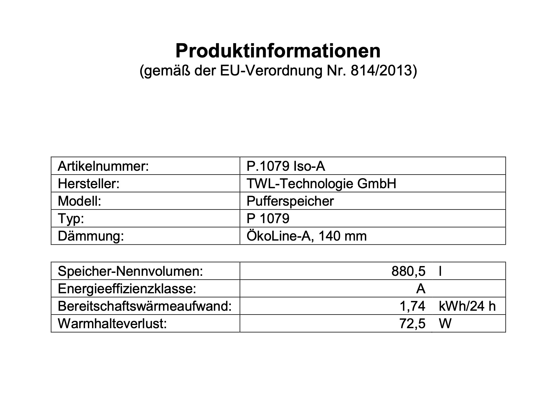 TWL Pufferspeicher P 1000 Liter - ÖkoLine-A Isolierung - Ø 79cm