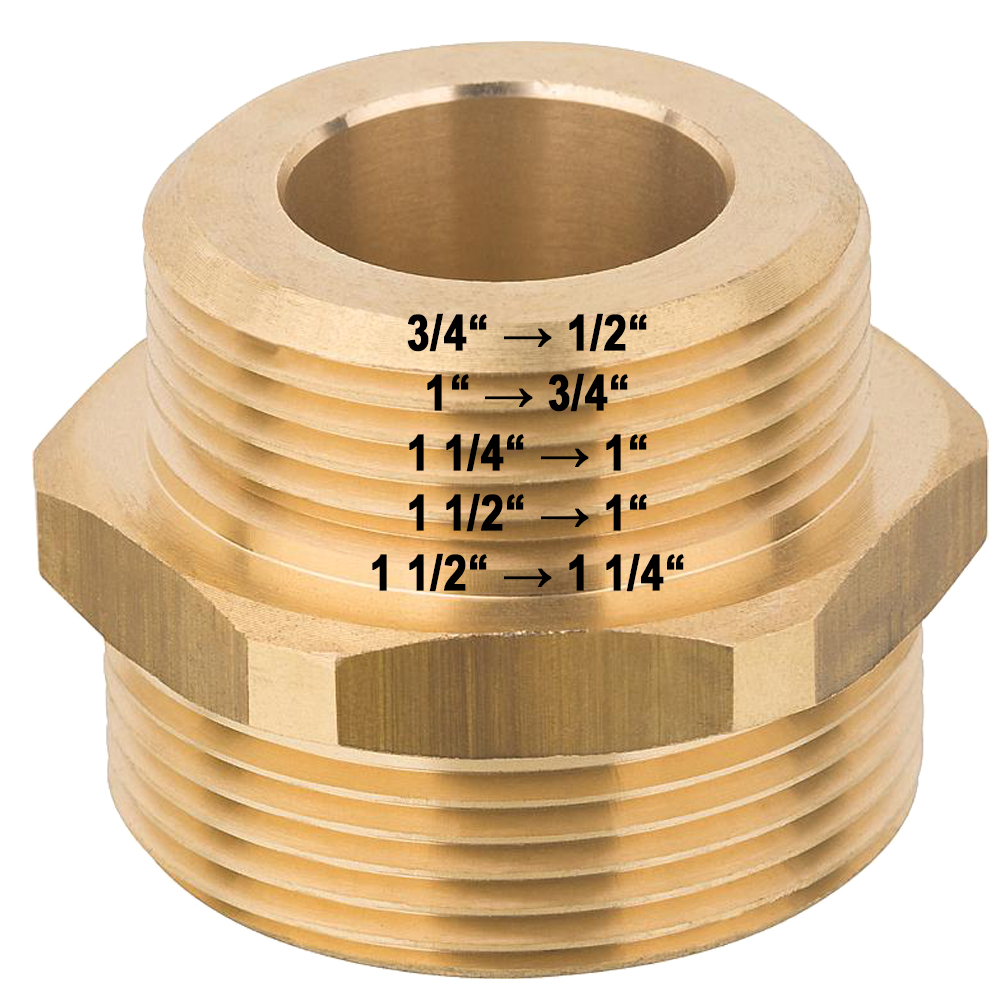 Reduzierter Doppelnippel Messing, beidseitig flachdichtend 3/4" bis 1 1/2"